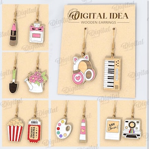 Pacote de brincos pendentes para hobby, joias cortadas a laser, brincos pendurados de madeira, brincos gravados, svg de jogos, costura, jardinagem, música, culinária