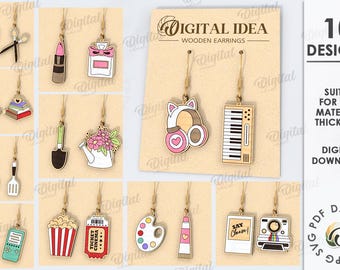 Hobby drop earrings bundle, jewelry laser cut, wooden dangle  earrings, engraved earrings, gaming svg, sewing, gardening, music, cooking