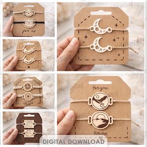 May include: A selection of wooden bracelets featuring diverse designs such as hearts, moons, and landscapes. Each bracelet is presented on a brown card with text including "Forever" and "For You". The image also displays "10 Designs" and file type options.