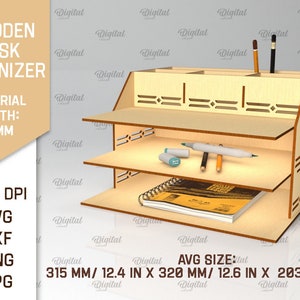 May include: A wooden desk organizer with three shelves and a pen holder. The organizer is made of light brown wood and has a decorative pattern on the front. The organizer is 12.4 inches wide, 12.6 inches deep, and 8 inches tall.