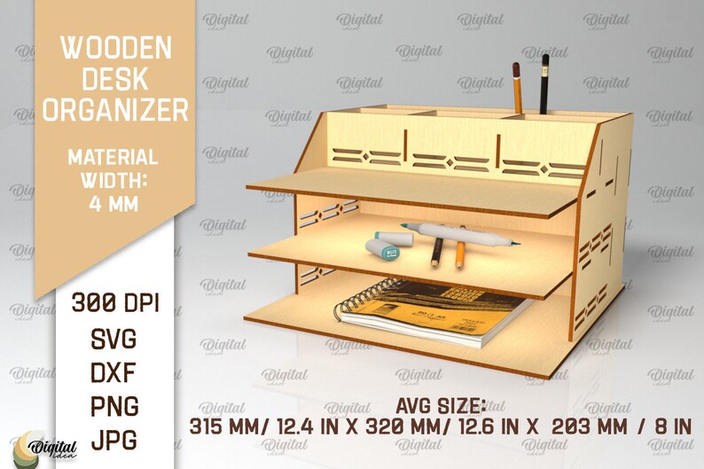 May include: A wooden desk organizer with three shelves and a pen holder. The organizer is made of light brown wood and has a decorative pattern on the front. The organizer is 12.4 inches wide, 12.6 inches deep, and 8 inches tall.