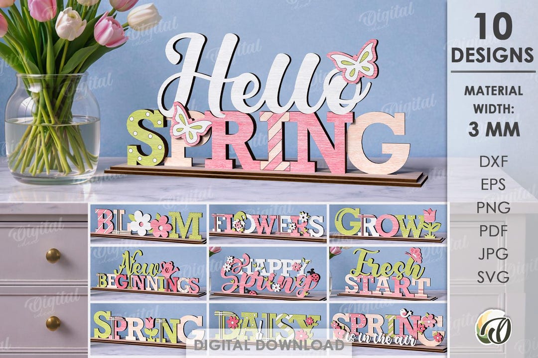 3D Spring Word Stands Bundle, Layered Home Decor Laser Cut Files ...