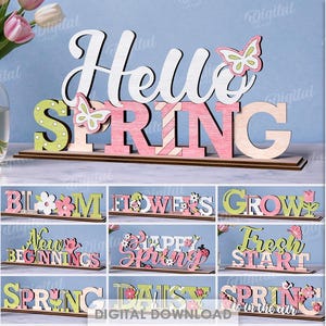 3D Spring word stands bundle, layered home decor laser cut files, spring stand, hello spring quotes svg, standing sign, shelf sitter