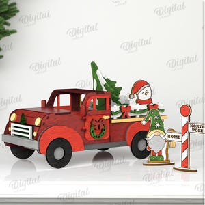 3D Christmas truck, Xmas pickup kids toy laser cut, wooden moving shelf sitter, pickup truck with working wheels, farmhouse svg