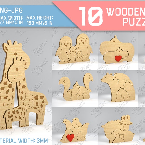 Wooden family puzzle bundle, 3D laser cut puzzle SVG, cute animal family, animal figurines, keepsake gifts, nursery baby decor, personalized