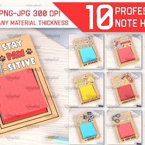 Può includere: Dieci diversi modelli di porta note con detti divertenti. Ogni modello presenta uno sfondo di colore diverso e una grafica diversa. I porta note sono in legno e hanno una fessura per tenere le note.