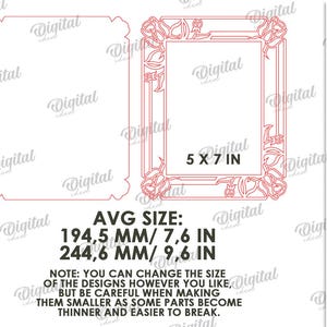 May include: A digital frame design with floral detailing, sized at 5 x 7 inches (approx. 12.7 x 17.8 cm). The image shows the text "5 X 7 IN" and "AVG SIZE: 194,5 MM / 244,6 MM". The design is suitable for any material thickness and available in various file formats.