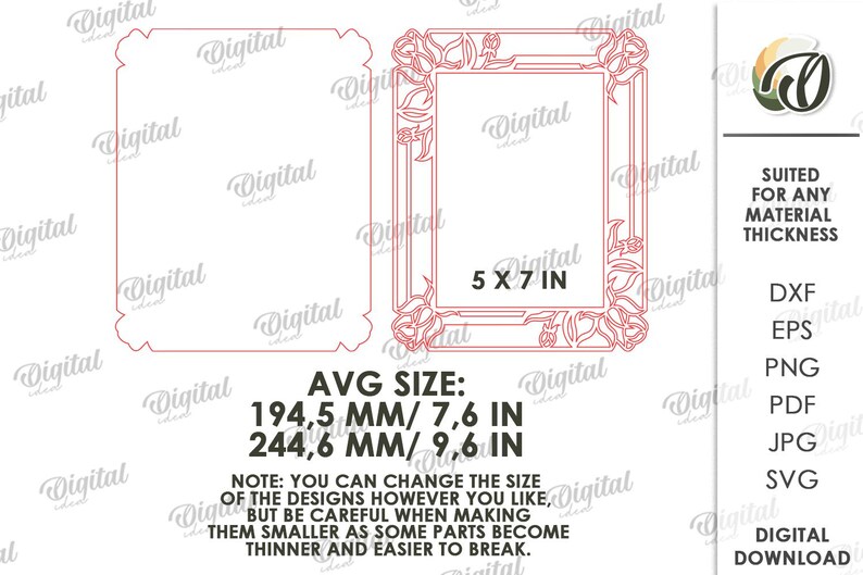 May include: A digital frame design with floral detailing, sized at 5 x 7 inches (approx. 12.7 x 17.8 cm). The image shows the text "5 X 7 IN" and "AVG SIZE: 194,5 MM / 244,6 MM". The design is suitable for any material thickness and available in various file formats.