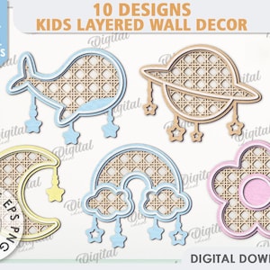 May include: Ten digital designs for layered wall decor featuring a variety of shapes, including a whale, a crescent moon, a rainbow, a flower, and a planet. Each design is made up of a woven pattern in shades of brown and beige.
