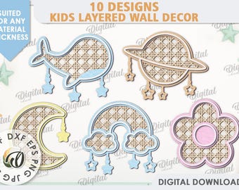 May include: Ten digital designs for layered wall decor featuring a variety of shapes, including a whale, a crescent moon, a rainbow, a flower, and a planet. Each design is made up of a woven pattern in shades of brown and beige.
