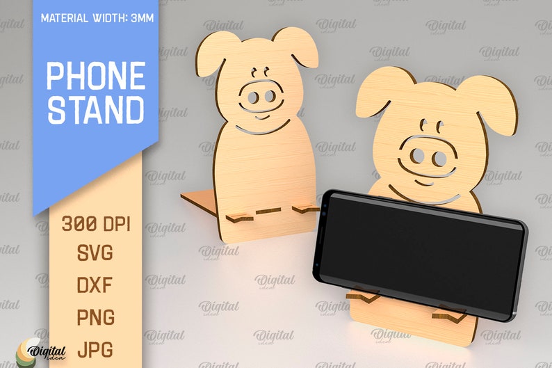 May include: A wooden phone stand shaped like a pig. The stand is 3 mm thick and is designed to hold a smartphone upright. The stand is made of light brown wood and has a simple design.
