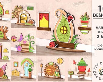 3D Fairy Garden Door bundle svg, Fairy House door and windows Lasercut, layered fairy wall decor svg, kids room decoration, nursery decor