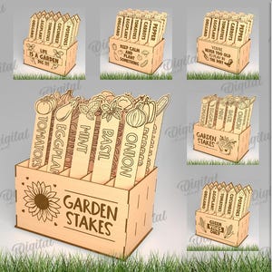 Peut inclure: Dix modèles de piquets de jardin, chacun avec un dicton ou un nom de légume différent. Les piquets sont en matériau de 3 mm d'épaisseur et sont disponibles en téléchargement numérique aux formats PDF, DXF, EPS, SVG, JPG et PNG.