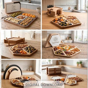 Zestaw tac do serwowania 3D Stack, taca na przekąski z plikami ciętymi laserowo, deska na przekąski, kuchnia SVG, drewniana segmentowana taca do serwowania, deska do wędlin