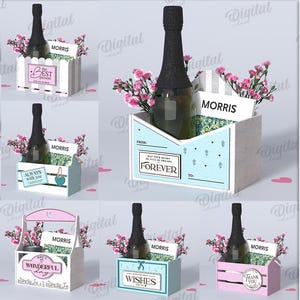 Op de afbeelding: Een verzameling van 10 digitale ontwerp sjablonen voor geschenkdozen, elk met een champagnefles en bloemen. De dozen zijn er in verschillende kleuren en ontwerpen, met teksten als "For You" en "Forever". Materiaalbreedte: 3 mm.