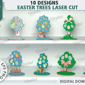 Puede incluir: Diez diseños digitales para decoraciones de árboles de Pascua cortadas con láser. Cada diseño presenta un árbol azul con huevos coloridos y una variedad de adornos, incluidos lazos, conejos y flores. Los diseños están disponibles en los formatos SVG, DXF, EPS, PNG y JPG. El ancho del material es de 3 mm.