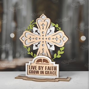 Décoration 3D croix chrétienne debout, vivre par la foi grandir dans la grâce svg, support découpé au laser, bible, citations religieuses, gardien d&#39;étagère en bois, décoration d&#39;intérieur