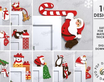 3D Christmas door corners bundle, Xmas trim corner laser cut, wooden door corner sign, Santa Claus svg, Christmas characters, polar bear