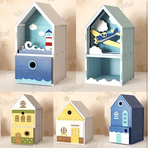Paquete de cajas de casa para niños en 3D, almacenamiento de juguetes para niños cortado con láser, caja organizadora de madera para bebés, caja con forma de casa con cajón, lindo gabinete para bebés