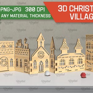 May include: A 3D wooden Christmas village scene with a church, houses, and a scooter. The village is made of laser-cut wood and is ready to be assembled. SVG-DXF-PNG-JPG 300 DPI. Suited for any material thickness.