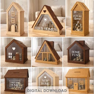 Könnte beinhalten: Zehn holzfarbene Spardosen in Hausform mit transparenten Acrylfenstern. Jedes Design hat einen Schlitz für Münzen und Texte wie "OUR HOME" und "FUTURE home". Die Materialstärke beträgt 3 mm.