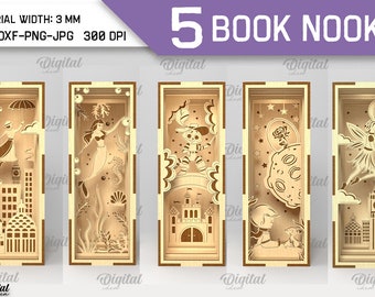 3D Book nooks bundle, Laser cut book holder designs, fairytale book shelf decor glowforge, wooden book nook, layered shelf insert laser cut