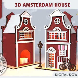 3D Amsterdam house, red house lantern laser cut,  Scandinavian nordic house, wooden dutch canal house lamp svg, tea light candle holder