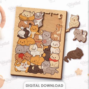 May include: Wooden cat puzzle featuring a variety of cat shapes in different colours. The puzzle includes a wooden base with cut-out shapes. The image also shows separate cat shapes and the text "DIGITAL DOWNLOAD".