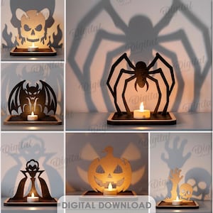 May include: A collection of 10 laser-cut wooden Halloween-themed tea light candle holders, each featuring a unique silhouette design including a spider, skeleton, ghost, pumpkin, and witch, casting large shadows on the wall behind them.