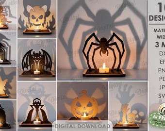 3D Halloween  Shadow Candle Holders Bundle, Tea Light Holder Laser Cut Files, Spooky Shadow  Candle Holder Silhouettes, Ghost SVG, Spider