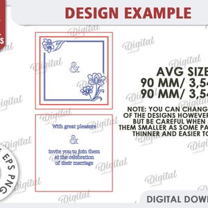 May include: A digital design example for a wedding invitation card with a floral border and the text "With great pleasure invite you to join them at the celebration of their marriage". The design is 90 mm / 3.54 inches in size.