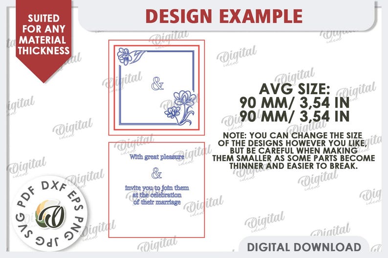 May include: A digital design example for a wedding invitation card with a floral border and the text "With great pleasure invite you to join them at the celebration of their marriage". The design is 90 mm / 3.54 inches in size.