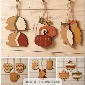 Peut inclure: Une collection de dix décorations suspendues en bois représentant des formes saisonnières comme des hérissons, citrouilles, hiboux, champignons, parapluies, glands, feuilles, renards et tasses. Chaque ornement est suspendu par une ficelle.