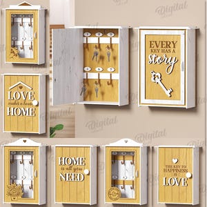 Może przedstawiać: Dziesięć cyfrowych wzorów na breloki do kluczy z różnymi cytatami i wzorami. Wzory mają białą ramkę z drewnianym tłem. Cytaty obejmują "Home is my happy place", "Keys open doors, love opens hearts", "Love makes a house a home", "Every key has a story", "Home is all you need", "Don't forget your keys", i "The key to happiness is love". Wzory są dostępne w formatach PDF, DXF, EPS, SVG, JPG i PNG. Szerokość materiału wynosi 3 mm.