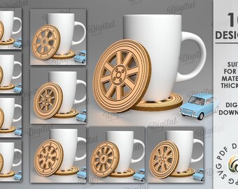 Wooden car wheel coasters bundle, Laser cut files, car wheel rim coaster, car tire coaster, Car decor, cup coaster set svg