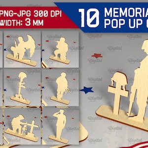 Pacote de cartões pop-up 3D Memorial Day, corte a laser do Dia dos Veteranos, cartão de madeira SVG, cartão personalizado SVG, soldados americanos, veterano dos EUA SVG