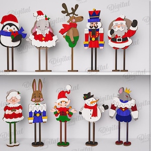 3D Christmas characters bundle, shelf sitter laser cut, wooden stand decor, penguin svg, snowman, santa claus, cute xmas home decor