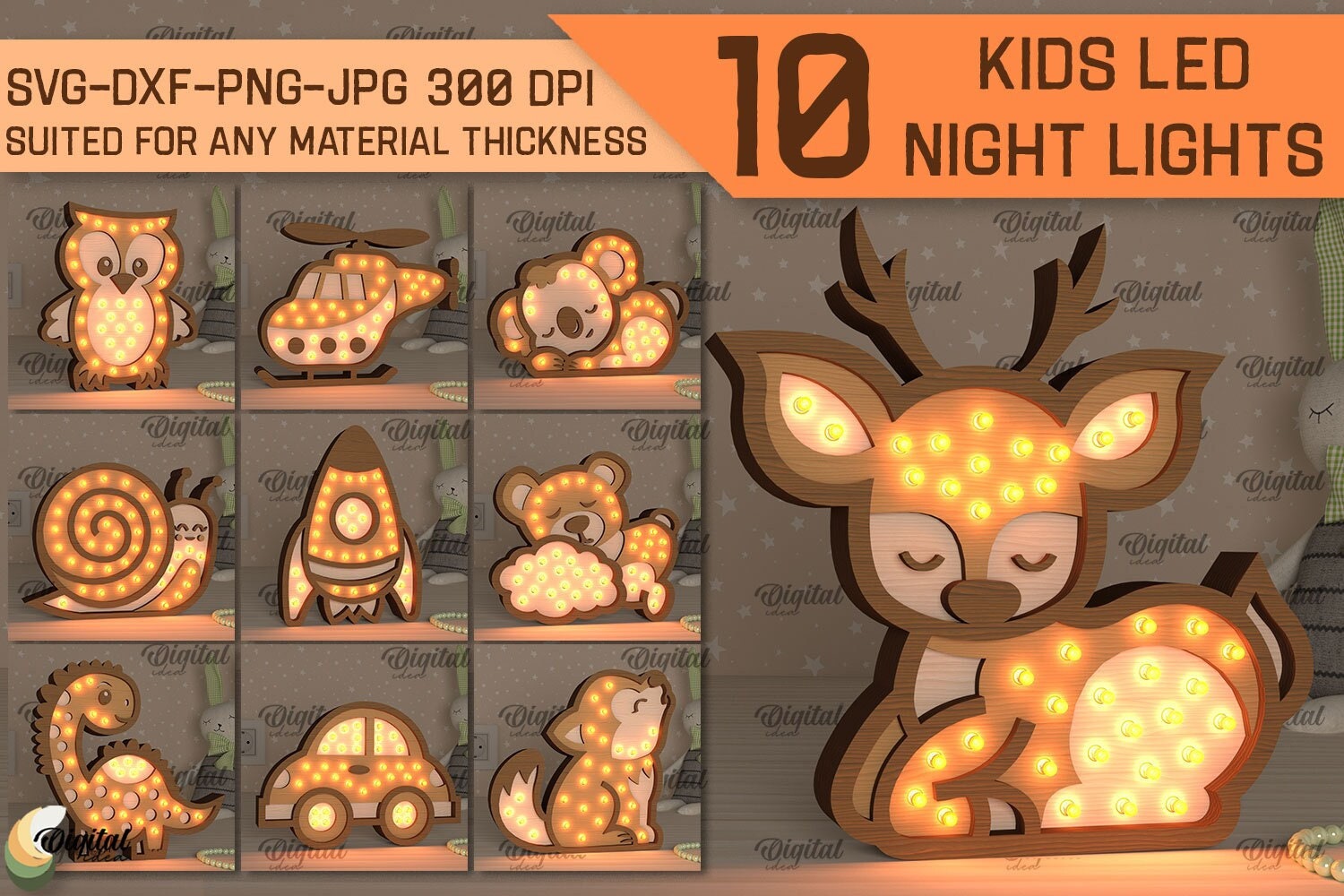 Kids wooden led night lamps bundle, 3D Baby night light lamp laser cut, led light box laser cut, childrens svg, baby nursery, cute animals