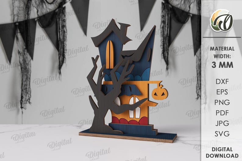 May include: A multi-layered Halloween-themed wooden house decoration. The house features a dark blue roof, orange walls, and a carved tree. A pumpkin with a carved face hangs from the house. The material width is 3 mm.