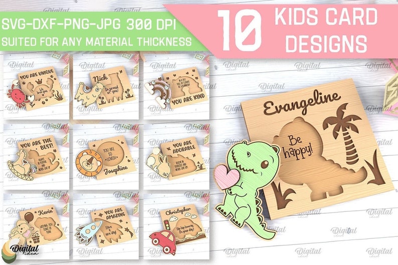 May include: Ten digital designs for kids' cards featuring various animals and messages. The designs include a dinosaur holding a heart, a llama, a bunny, a rocket, a car, a palm tree, and a ladybug. The text on the cards includes "You are unique", "You are the best", "You are kind", "You are adorable", "You are amazing", "Be happy", "Loving you to the moon and back", "You are so loved", "Here's to a birthday that's out of this world", "The best day ever, it's your birthday!"