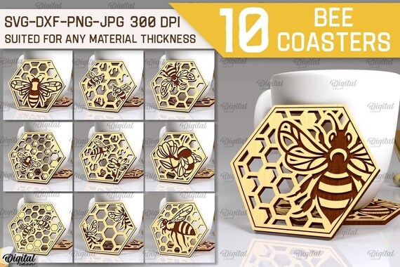 Bee coasters bundle, wooden cup coaster laser cut, honey bee svg, honeycomb coasters svg, engraved mug coaster, Kitchen decor svg, bee svg