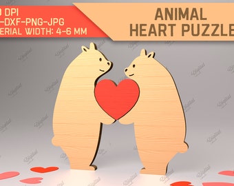 Wooden bear love puzzle, 3D laser cut animals with hearts, cute animal figurines svg, Valentine's day gift, family lasercut svg