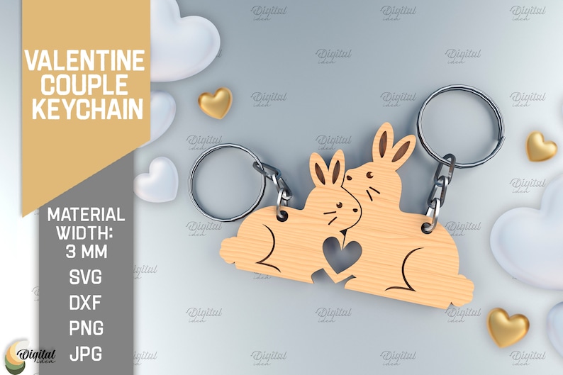 K&ouml;nnte beinhalten: Holzschl&uuml;sselanh&auml;nger mit einem P&auml;rchen Kaninchen, die ein Herz halten. Der Schl&uuml;sselanh&auml;nger ist aus 3 mm dickem Material gefertigt und in den Formaten SVG, DXF, PNG und JPG erh&auml;ltlich.
