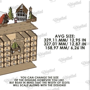May include: A wooden advent calendar with 24 numbered drawers. The top features miniature houses and trees. The average size is 12.95 inches (329.11 mm) wide, 12.87 inches (327.01 mm) high, and 6.26 inches (158.97 mm) deep. The material width is 3 mm.