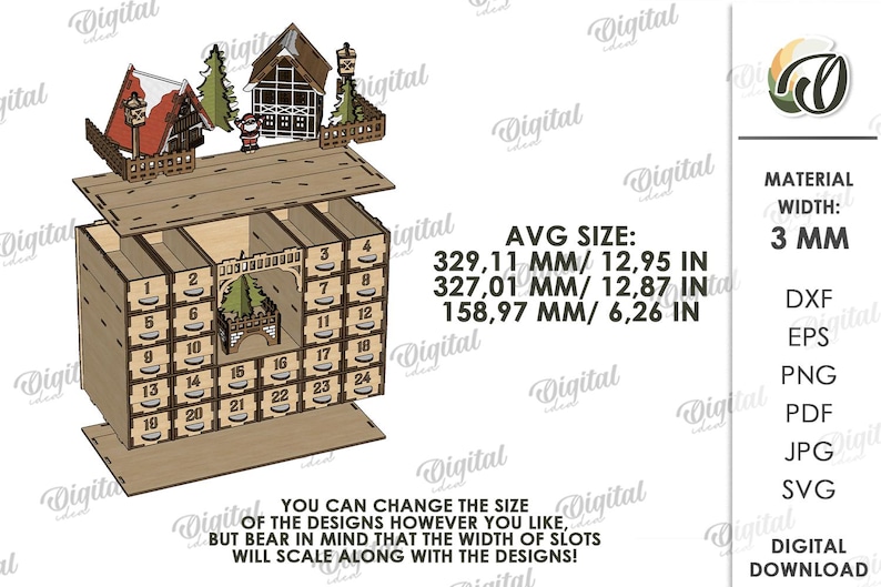 May include: A wooden advent calendar with 24 numbered drawers. The top features miniature houses and trees. The average size is 12.95 inches (329.11 mm) wide, 12.87 inches (327.01 mm) high, and 6.26 inches (158.97 mm) deep. The material width is 3 mm.