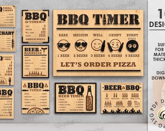 May include: A collection of wooden BBQ-themed signs with various designs, including charts, timers, and beer-related graphics. The signs feature text like "BBQ Timer" and "Let's Order Pizza."