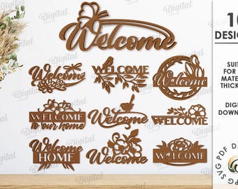 Welcome signs bundle, door hanging sign laser cut, welcome svg, floral sign paper cut, welcome home wall hanger, flowers svg