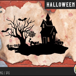 Może przedstawiać: Czarna sylwetka nawiedzonego domu z pajęczyną, nietoperzami i drzewem na tle vintage pergaminu. Tekst "HALLOWEEN SCENES" znajduje się w g&oacute;rnej części obrazu.