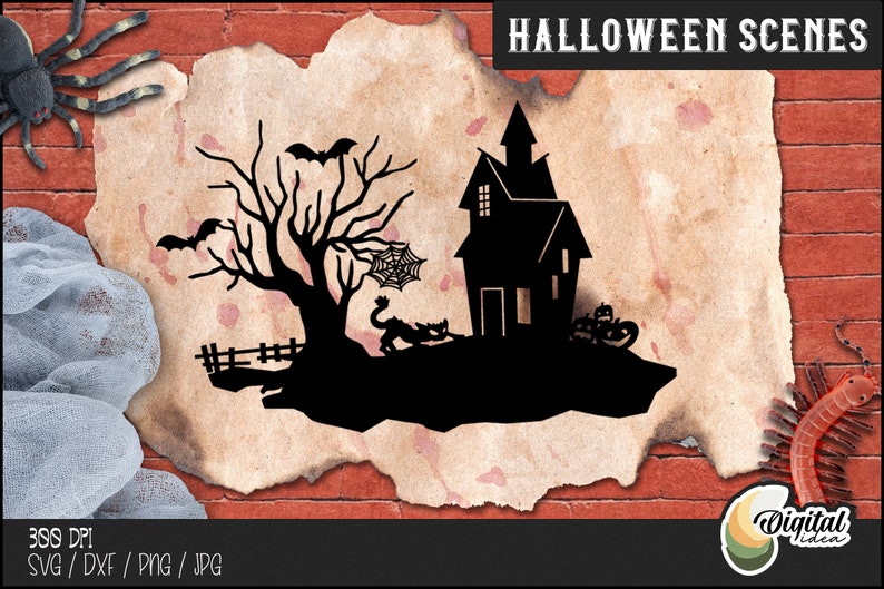 Może przedstawiać: Czarna sylwetka nawiedzonego domu z pajęczyną, nietoperzami i drzewem na tle vintage pergaminu. Tekst "HALLOWEEN SCENES" znajduje się w g&oacute;rnej części obrazu.