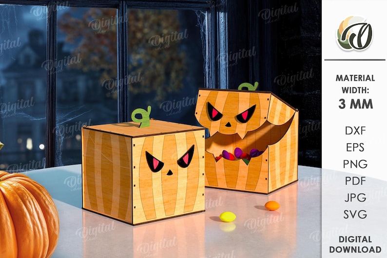 K&ouml;nnte beinhalten: Zwei h&ouml;lzerne Halloween-Boxen mit geschnitzten K&uuml;rbisgesichtern. Die Boxen sind orange und braun mit gr&uuml;nen Stielen. Eine Box ist ge&ouml;ffnet und zeigt bunte S&uuml;&szlig;igkeiten. Die Boxen stehen auf einer wei&szlig;en Oberfl&auml;che.